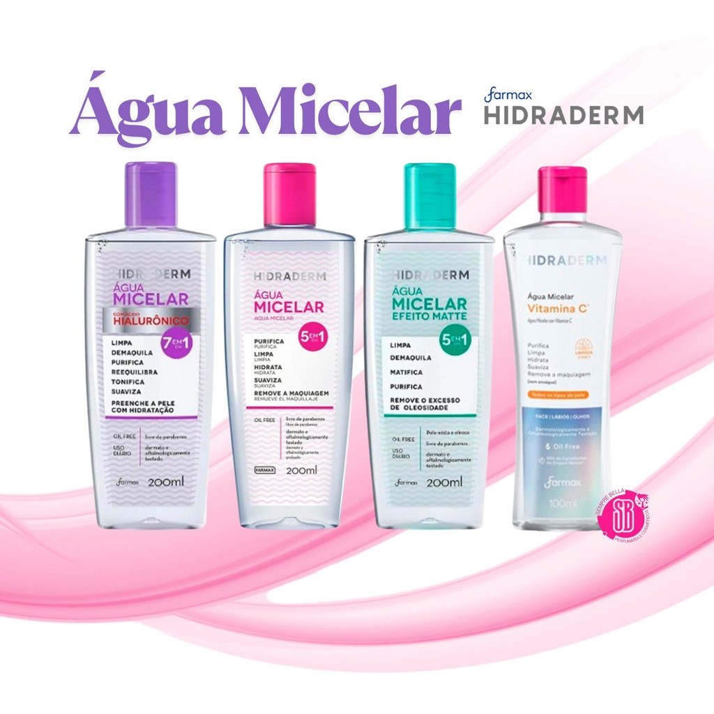 Agua Micelar 200ML Hidraderm 5 Em 1 Purifica Limpa Hidrata e Removedor Maquiagem Envio Imediato