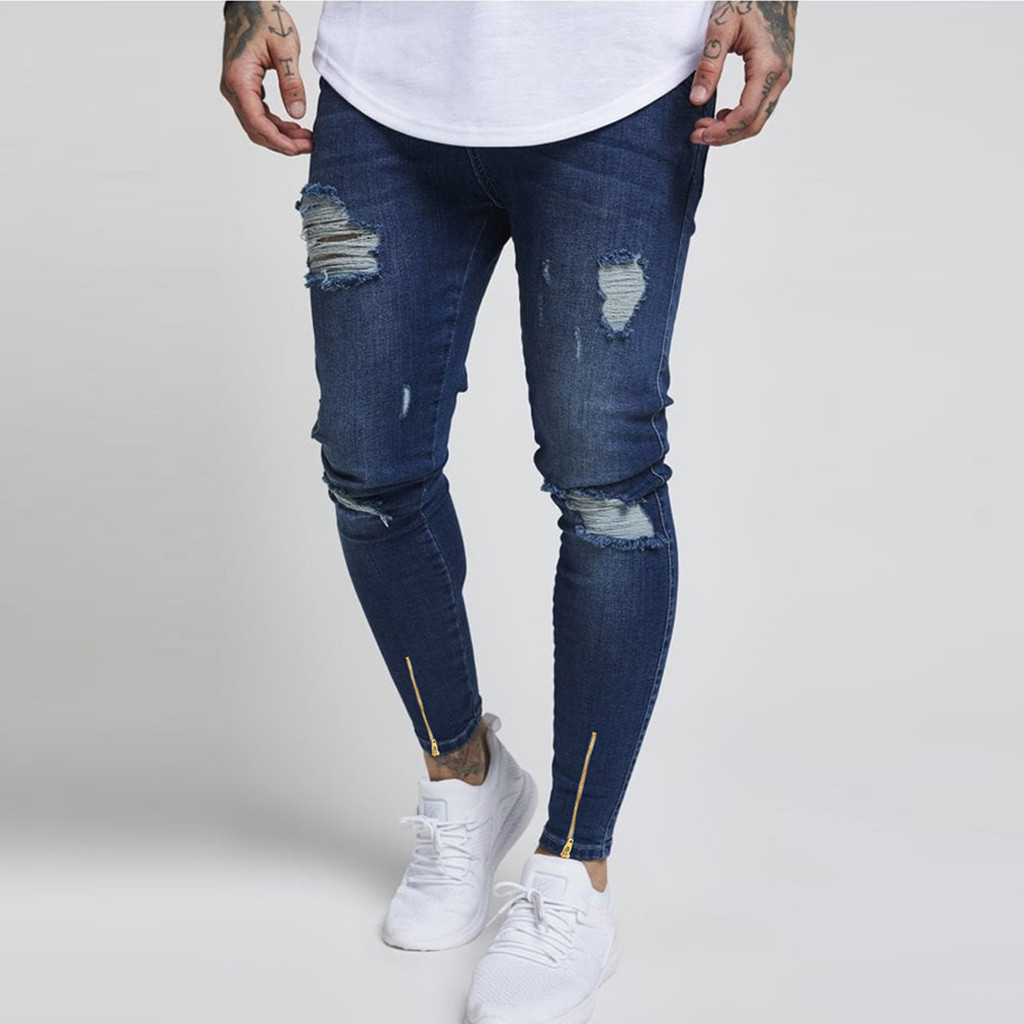 Calça Masculina Jeans Rasgada Premium Skinny Lycra Com Ziper Azul Marinho