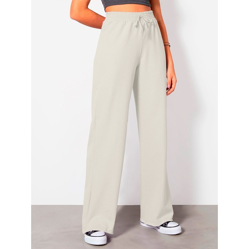 Calça Wide leg Feminina Cintura Alta Pantalona Fio Moletinho Confortável Tendência