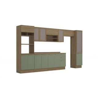 Cozinha Completa 7 Peças com Armário e Balcão Kappesberg Botânic 400cm Nogueira/Verde Oliv...
