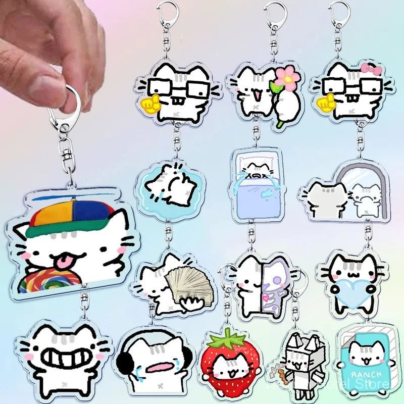 Chaveiros de Gato Fofo para Acessórios Bolsa Meme Engraçado Kawaii Chaveiro de Gatinho Morango Anel Joias Presentes para