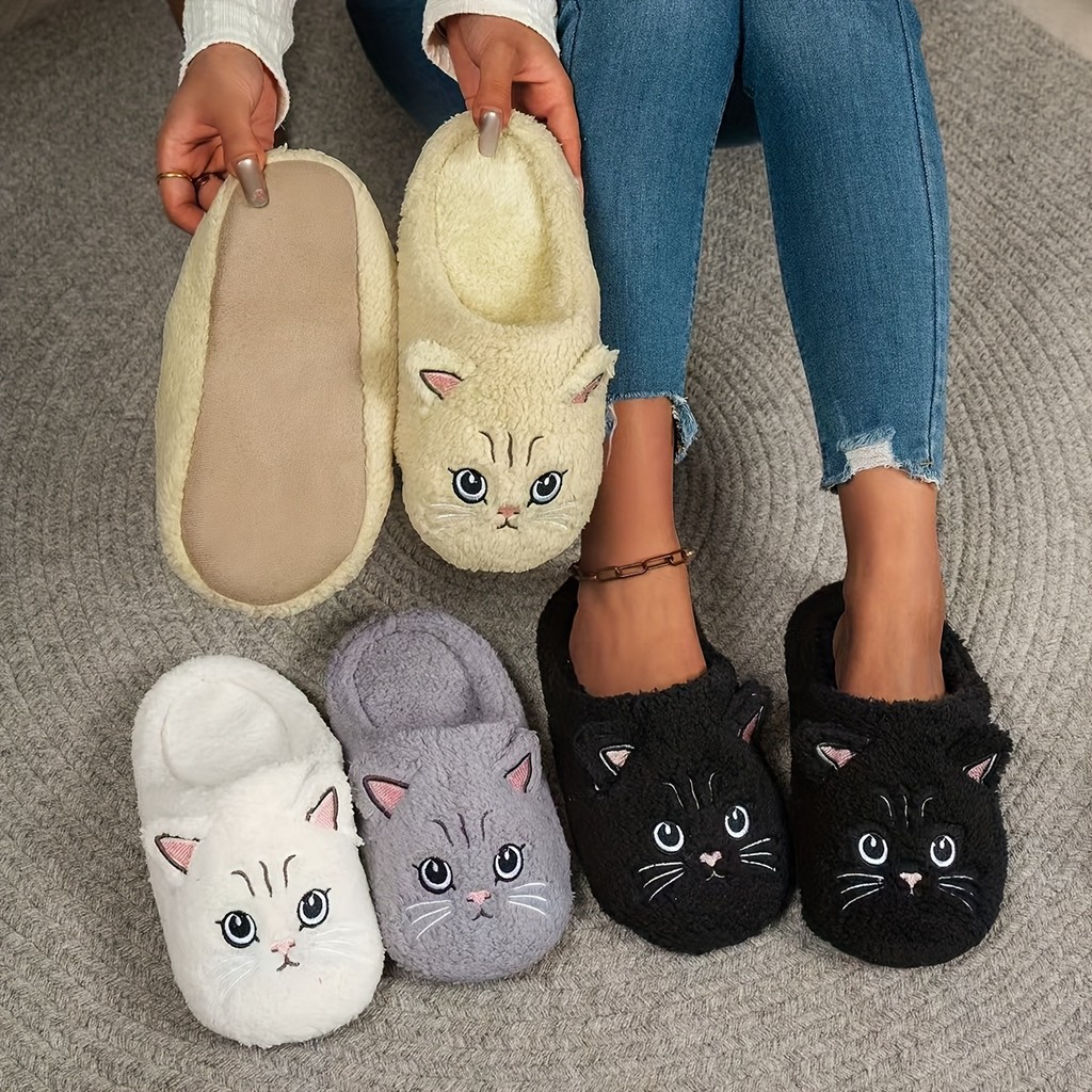 Chinelos femininos com Design de gato, tecido de pelúcia macio, primavera outono, duas estações, sapatos confortáveis pa