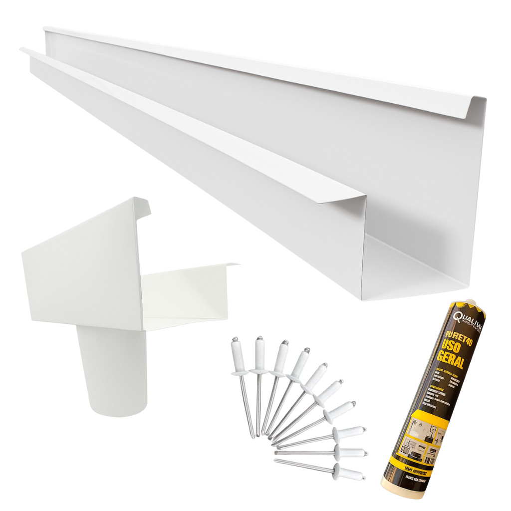 Kit Pronto Para Instalar Calha em U Branca Para Pergolado e Telhado C/ Bico, Tampas, PU40 e Rebites