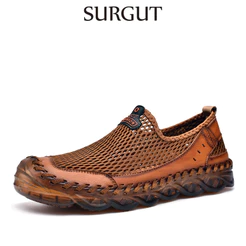 SURGUT Sandálias De Malha De Couro Masculino Verão Anti-Colisão Toe Designer Moda Mão-Costurado Antiderrapante Resistent