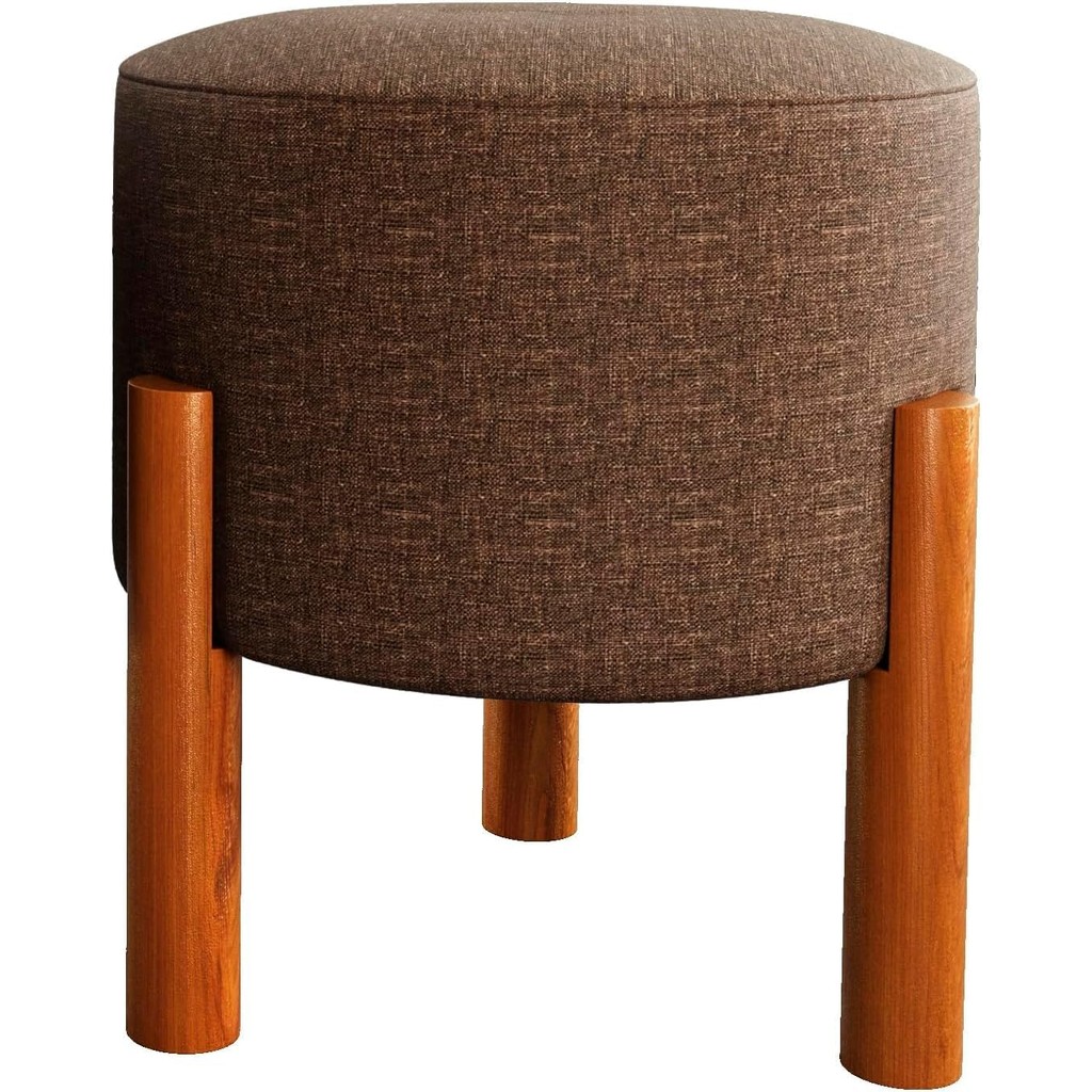 Puff Redondo Luxo Decorativo Charme Thor com Pés de Madeira Linho Marrom - PC MÓVEIS