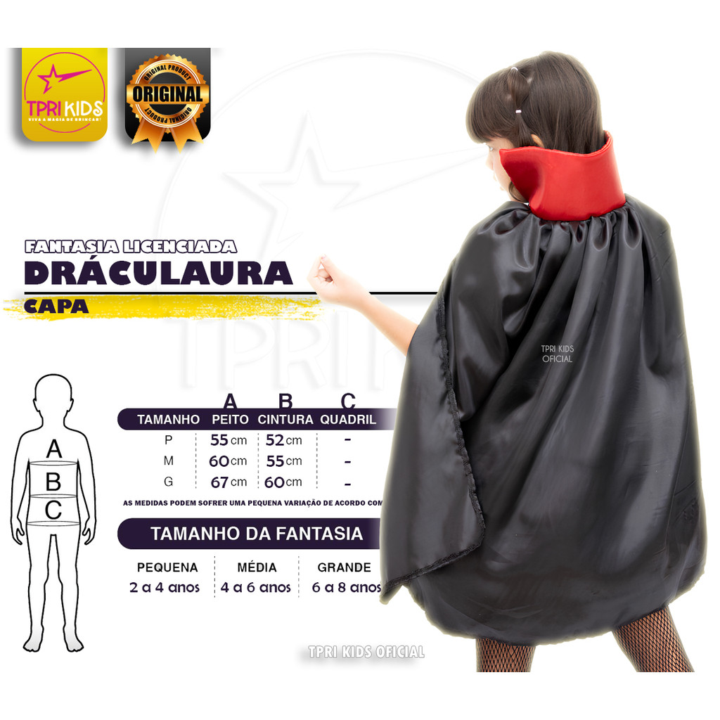 Fantasia Infantil Capa Dráculaura Morcega Halloween Cosplay Terror Menina Festa Temática Carnaval