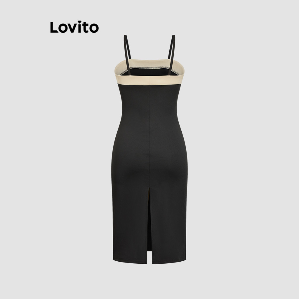 Detalhes do Lovito Vestido Midi Bodycon com Blocos de Cor e Sem Mangas para Mulheres LNE09217 (Preto)