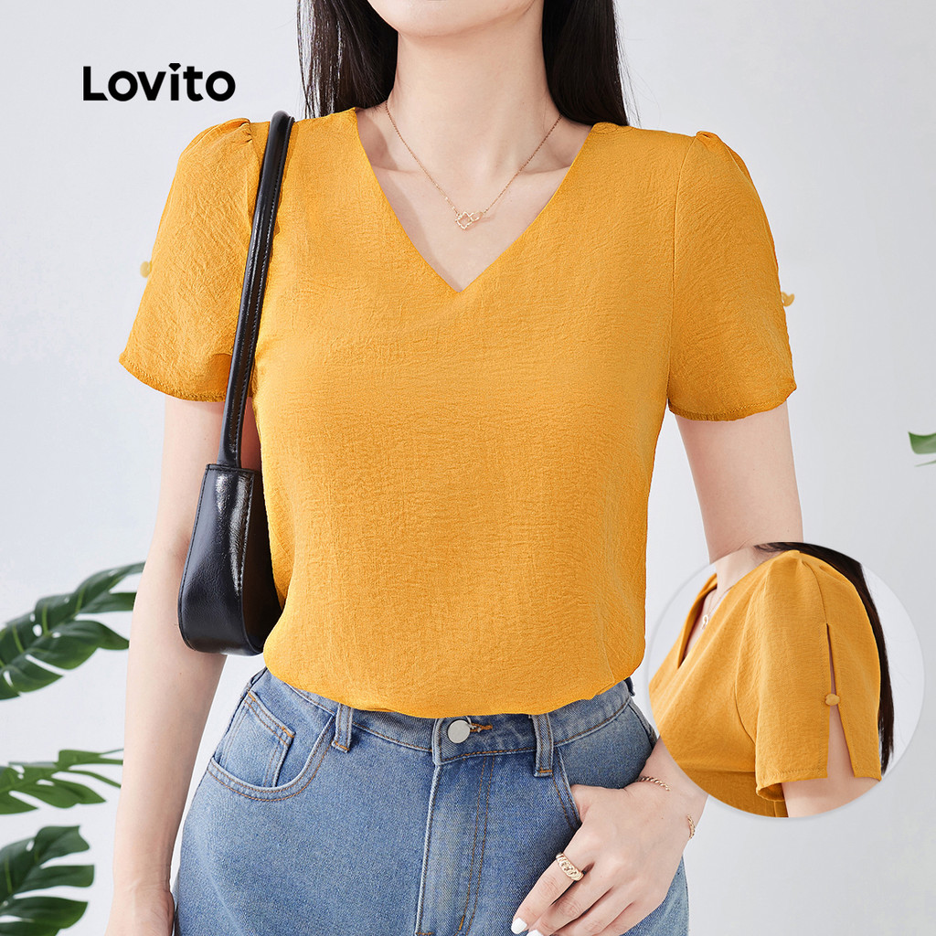 Lovito Blusa Casual Com Botões Divididos Primavera/Verão Blusa Amarela Para Mulheres L134ED394 - Women Clothes