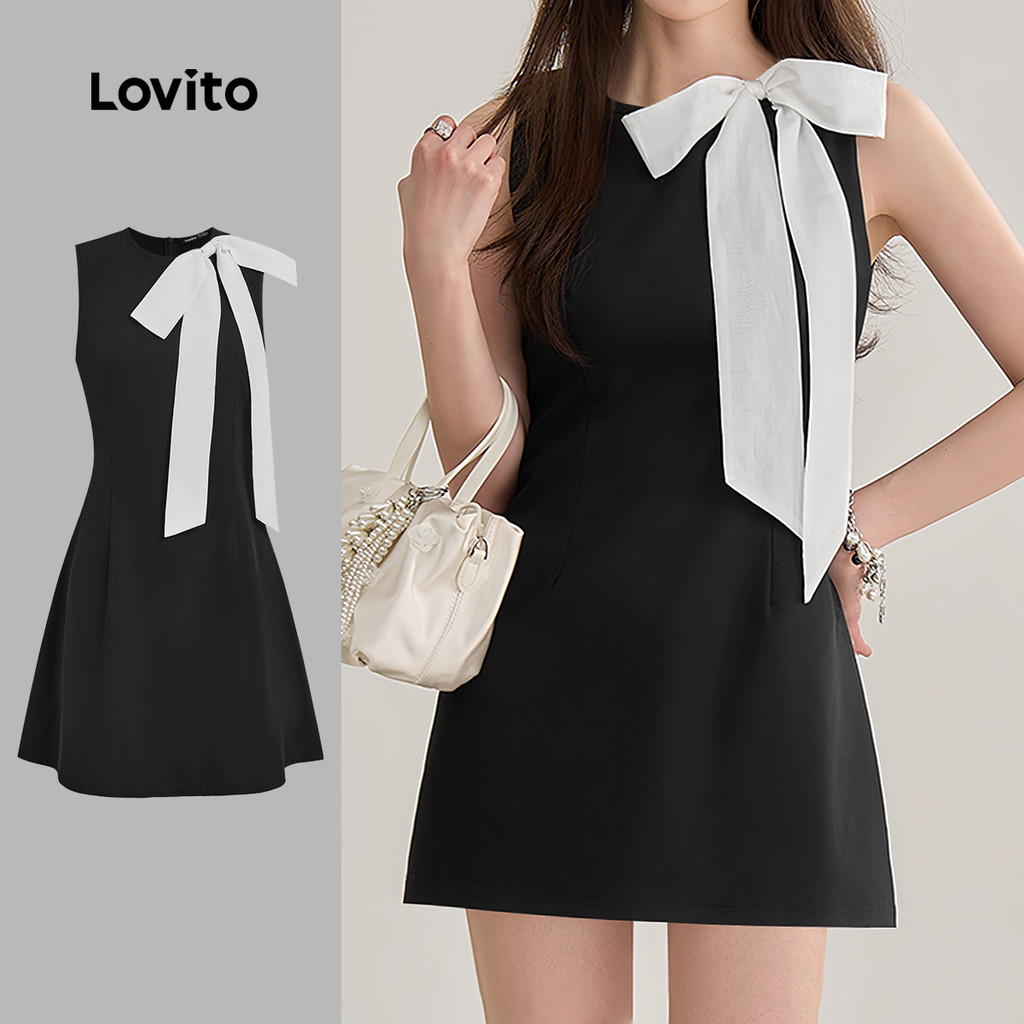 Lovito Vestido Fofo Com Laço Vestido Preto E Branco Para Mulheres L136AD019 - Women Clothes