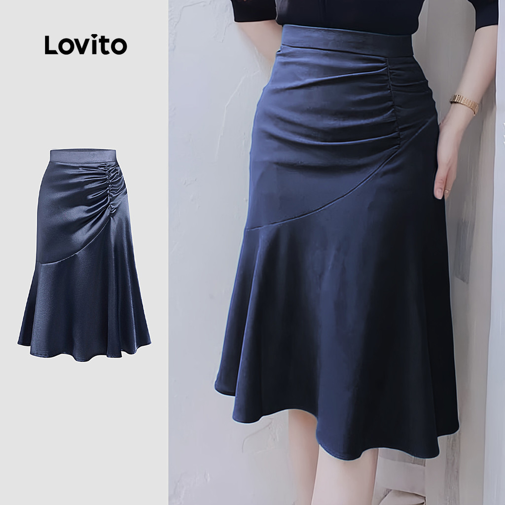 Lovito Saias Elegantes Com Cordão E Babados Na Bainha Com Zíper Primavera/Verão Saias Marinhas Para Mulheres L134ED880 em Oferta na Shopee