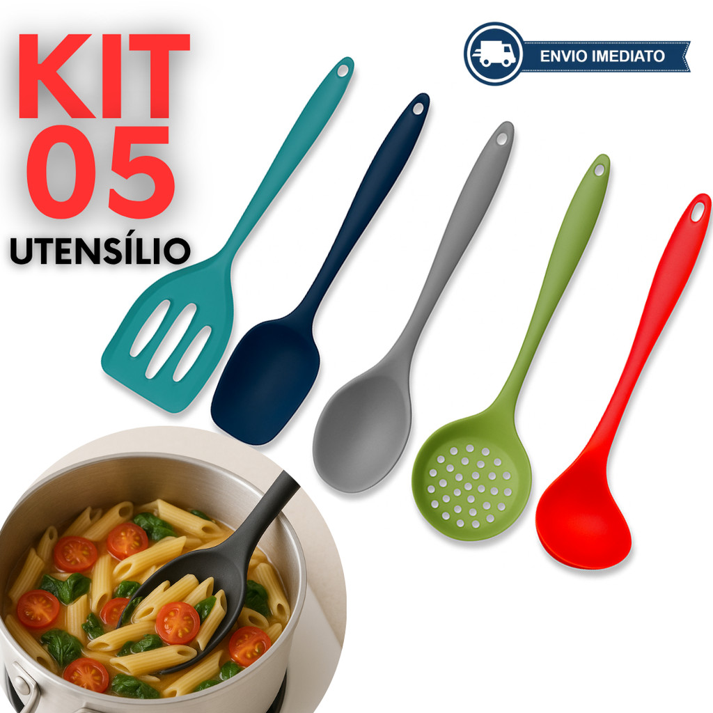 Jogo 5 utensilios de Silicone 1 Colher 1 Escumadeira 1 Espatula Vazada 1 Espatula Reta e 1 Concha