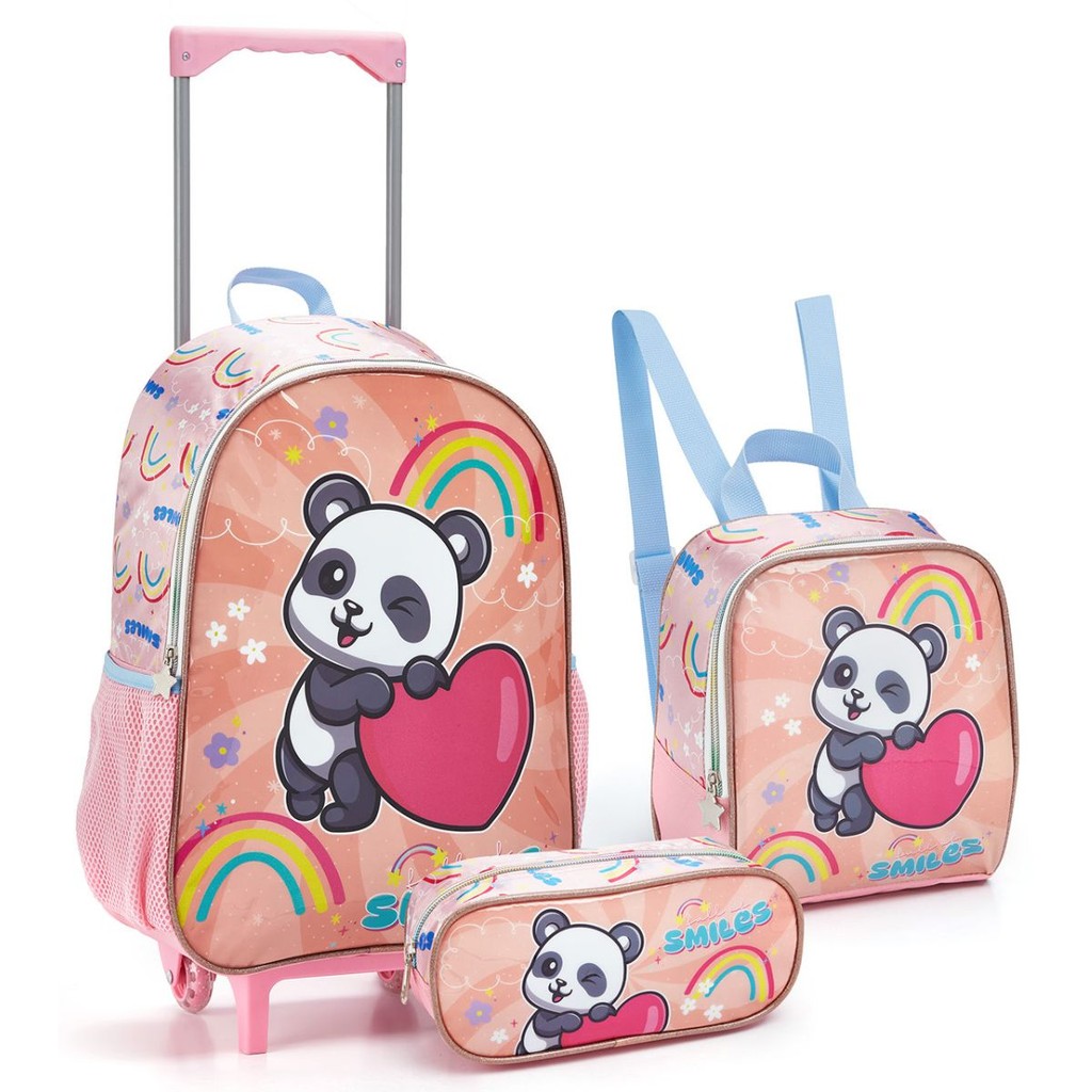 Kit Mochila Rodinhas Lancheira Estojo Escolar Infantil Panda Seanite
