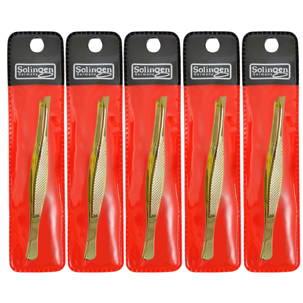Kit 5 Pinças Solingen Chanfrada Dourada Designer Sobrancelhas