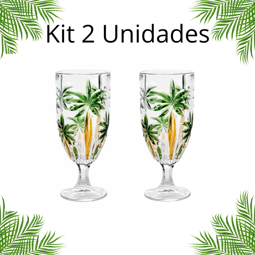 2 Taças Cristal Palm Tree Handpaint Bebidas 450ml Piscina Verão Coquetel