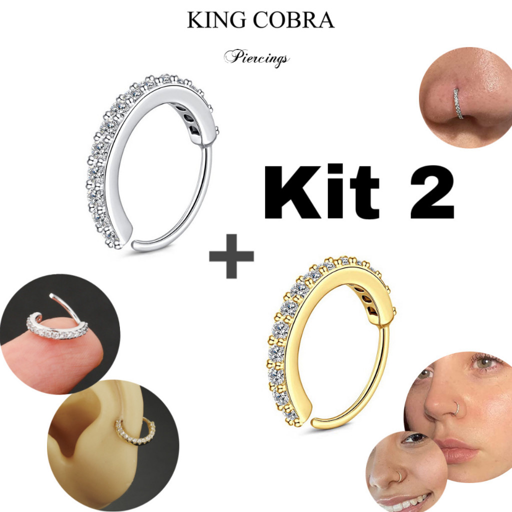 Kit 2 Piercing Nariz Cartilagem de Argolas Cravejadas Com Zircônia Prata e Dourado KA209 em Oferta na Shopee