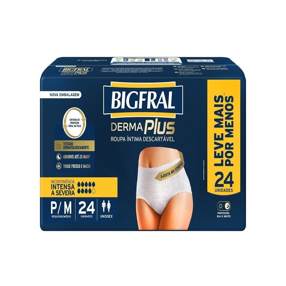 Fralda Descartável Adulto Bigfral Roupa Íntima  Derma Plus Tamanho P/M - 4 Pacotes com 24 Fraldas - Total 96 Tiras - Health