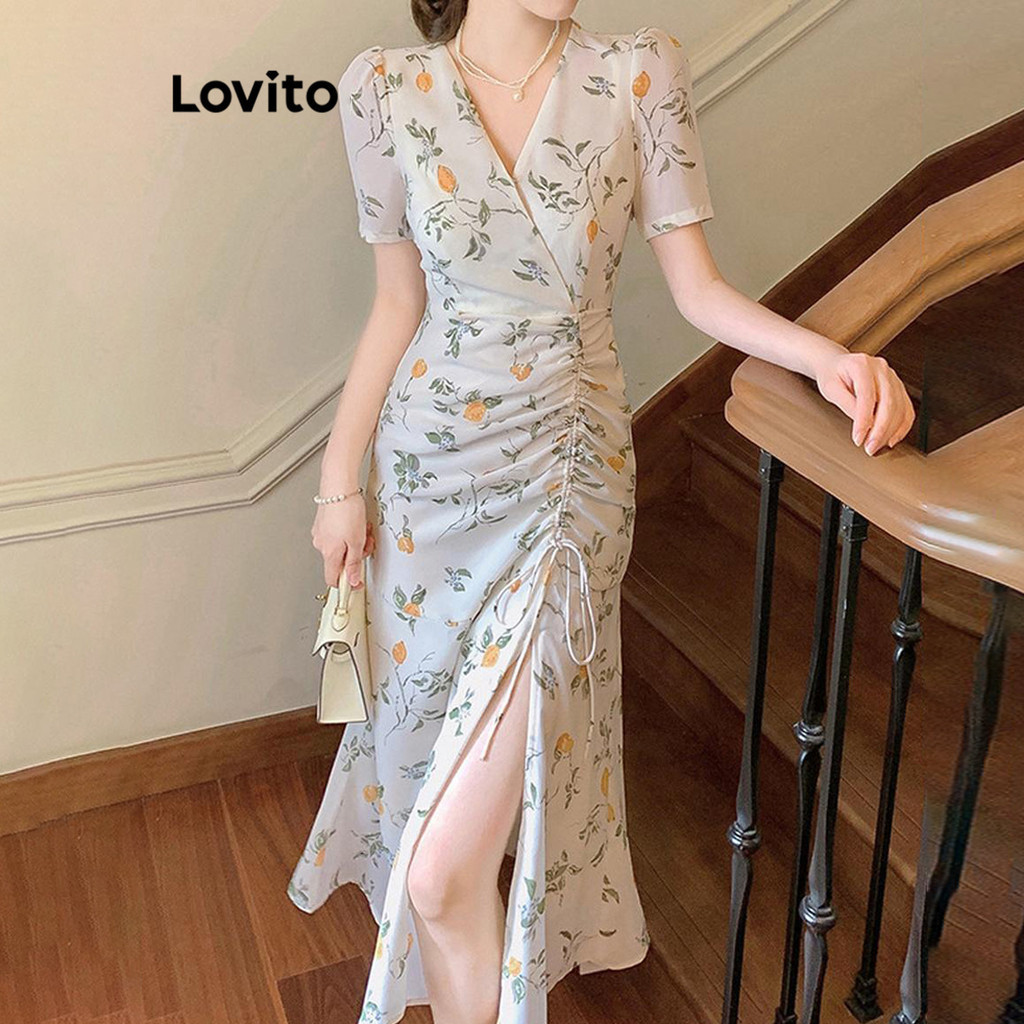 Lovito Vestido elegante Ditsy floral envoltório dividido na coxa com cordão para mulheres LNM73022 - Women Clothes