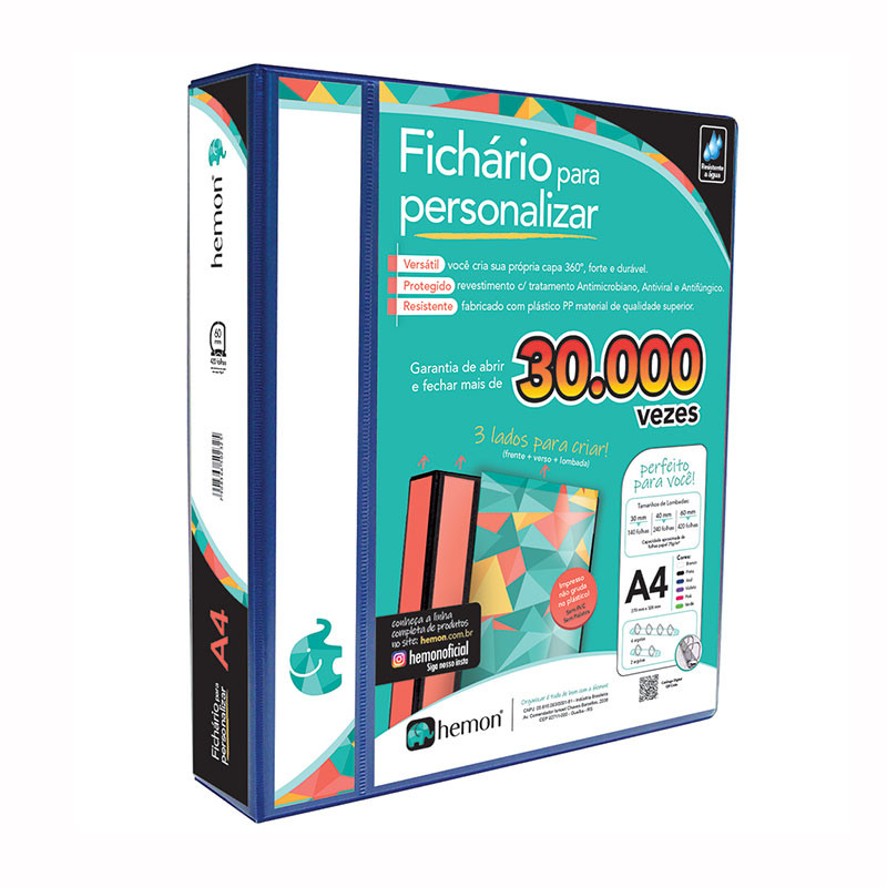 Fichário revestido com cristal A4 Azul 60mm 0249-3 com 4 argolas Hemon - Stationery