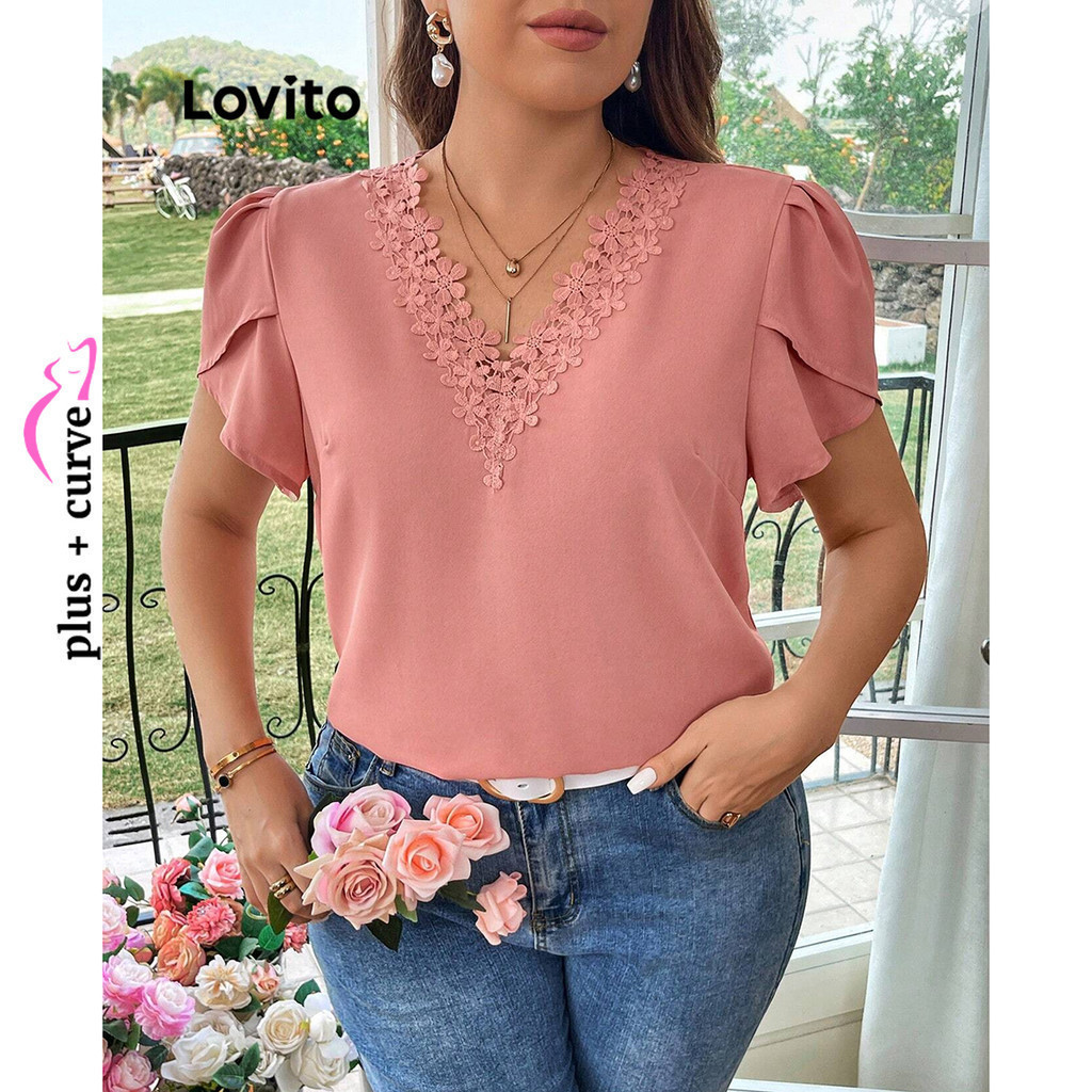 (Trendy) Lovito Blusa Curva Plus Size Romântica Lisa Com Babados E Gola Redonda Para Mulheres LBL15155 - Women Clothes