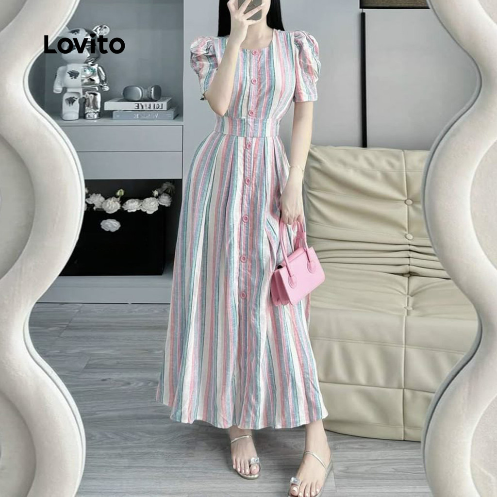 (Trendy) Lovito Vestido Geométrico Listrado Casual Para Mulheres L133ED583