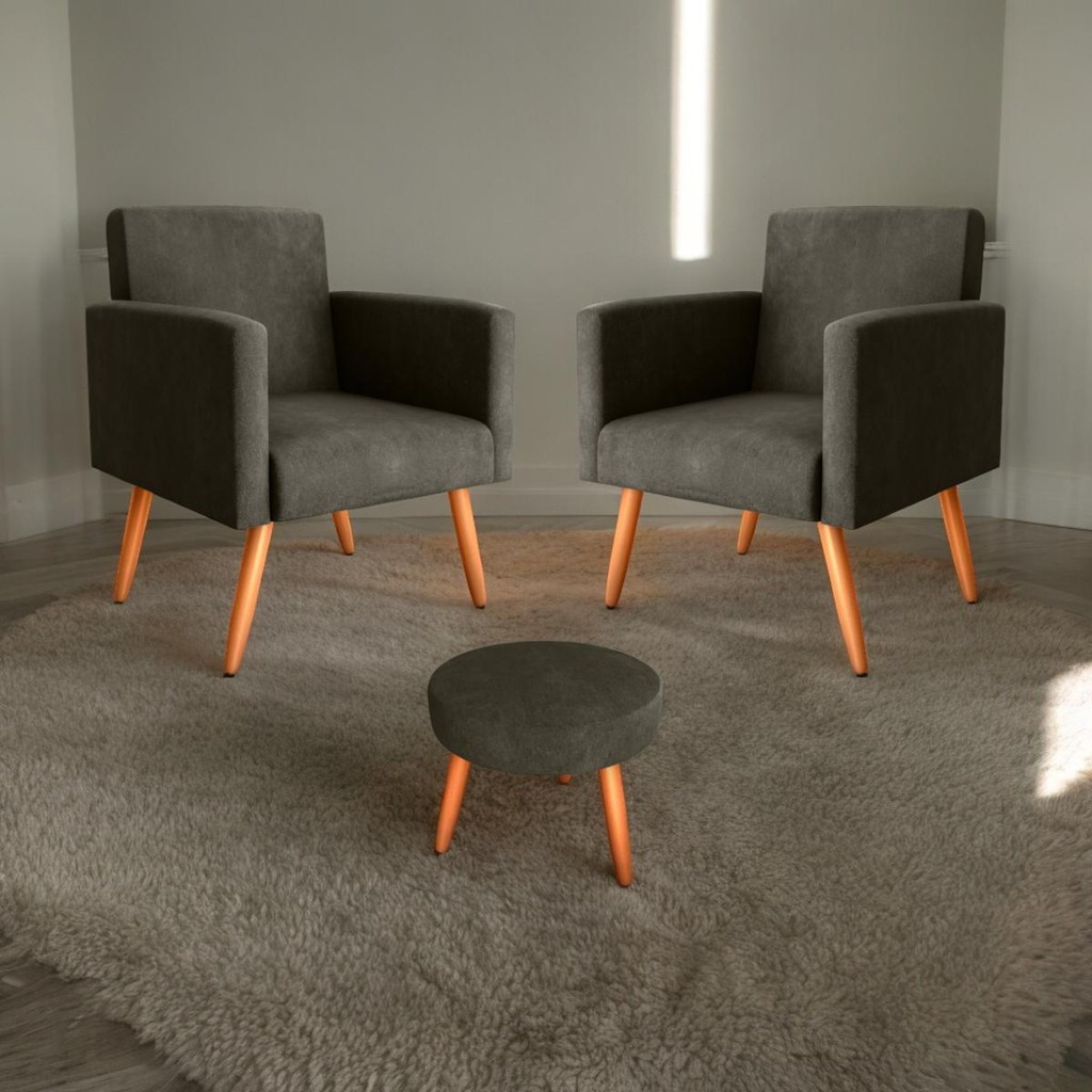 Conjunto Poltronas e Puff Iara Veludo Turkey Marrom