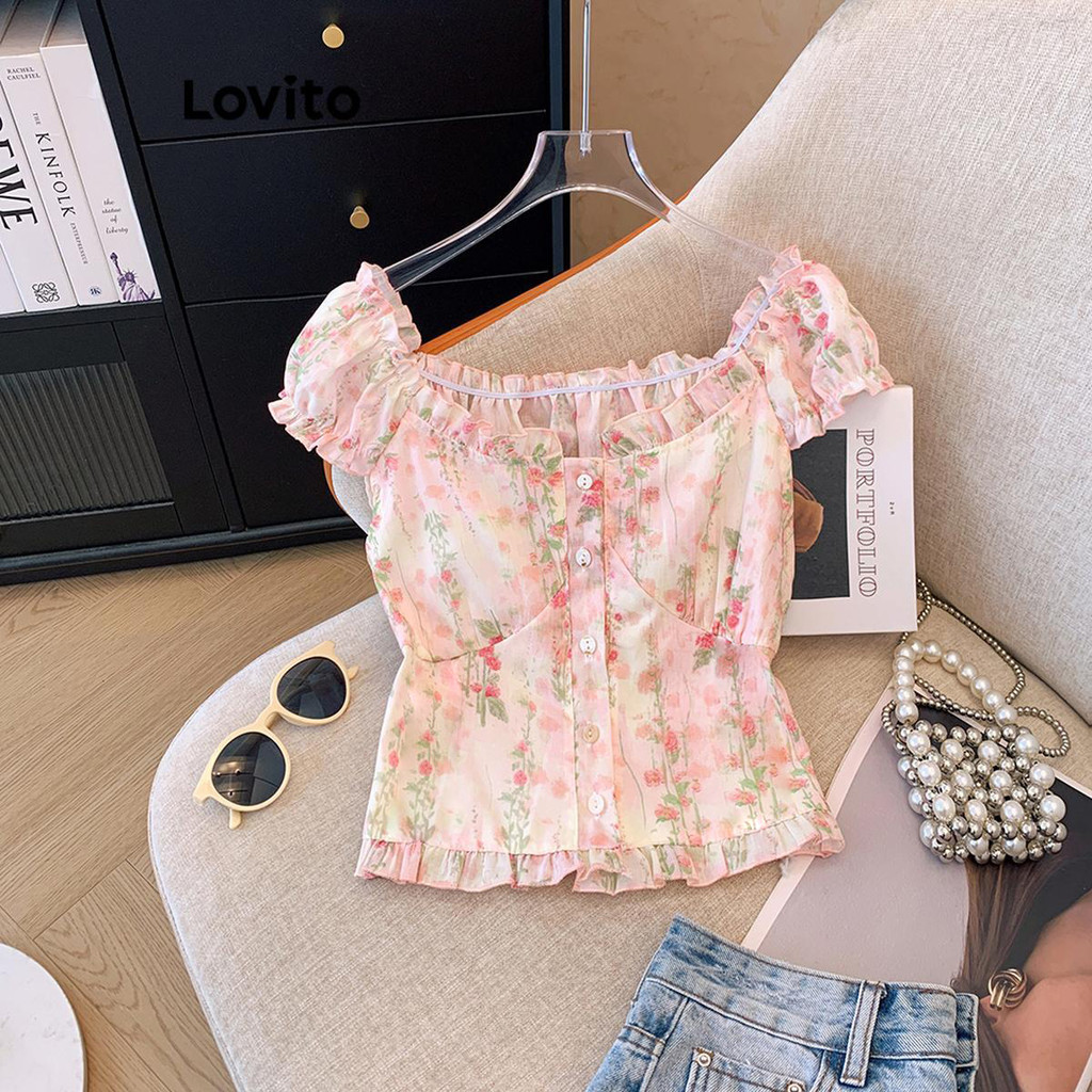 Lovito Blusa Casual Ditsy Floral Básica Blusa Verão/Primavera Para Mulheres LNM75096 - Women Clothes