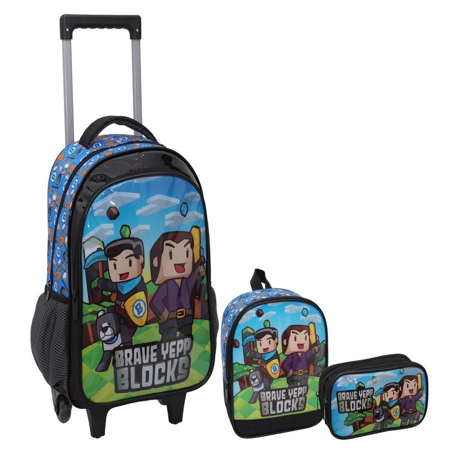 Kit Mochila Lancheira Estojo Menino Minekraft Game Blocks Aventureiros Yepp