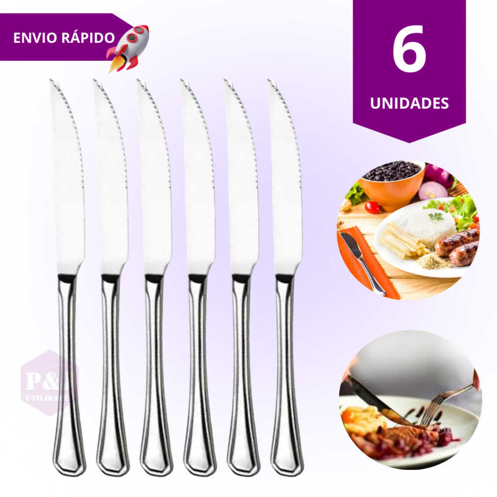 Kit de Facas de Inox 6 Peças para Cozinha Mesa Talher Casa e Restaurante Churrasco Uso Profissional e Doméstico