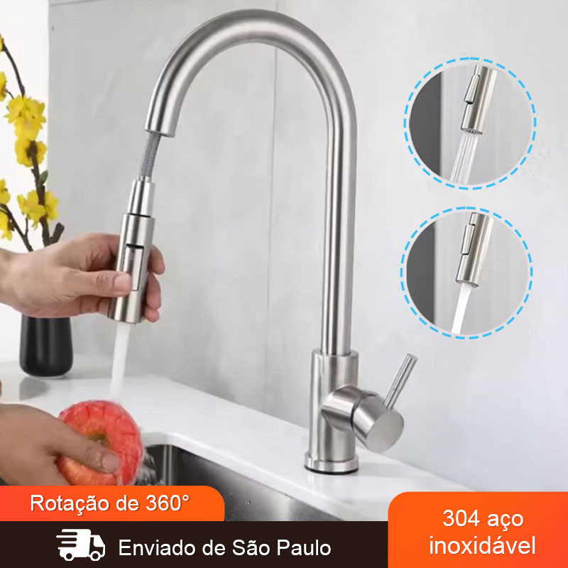 Torneira Gourmet Misturador Monocomando Cozinha Aço Inox 304 Mangueira Extensível 360 Graus Rotação Luxo Escovado