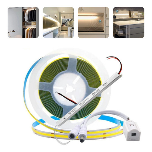 Fita De Led Cob 12v 5m Branco Frio 6000k + Sensor Branco De Porta + Fonte Barra Slim