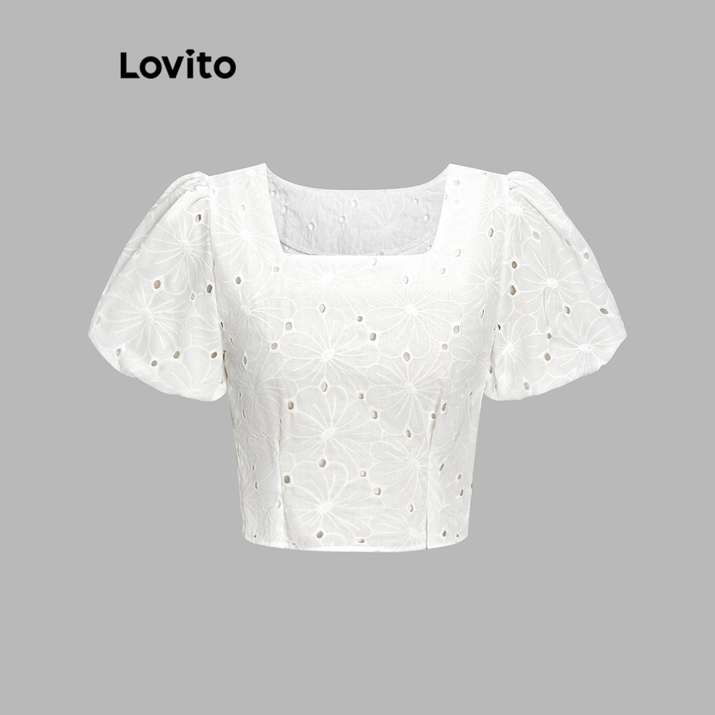 (Trendy) Lovito Blusa Casual Com Ilhó Liso Bordado Blusa Franzida Para Mulheres L68ED349 (Multicolorido) em Oferta na Shopee