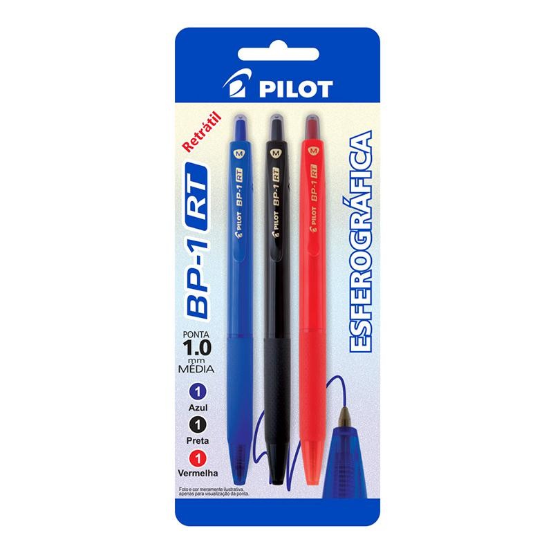 Caneta esferográfica 1.0 retrátil BP-1 RT com 3 unidades AZ/PT/VM Pilot - Stationery