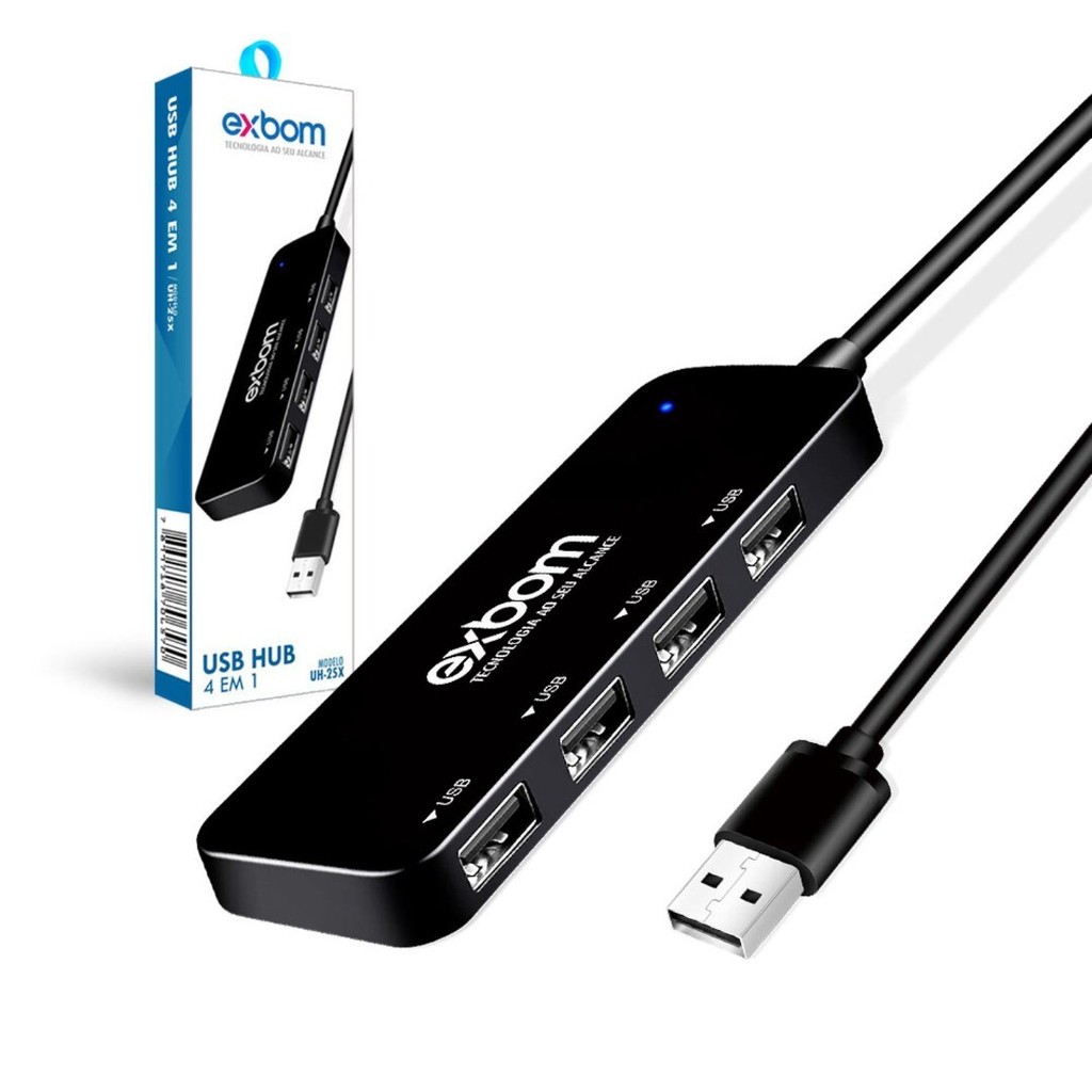 HUB USB 2.0 4 portas em 1 480Mbps para PC, Notebook, Pen Drives, Periféricos, Celular - Exbom UH-25X