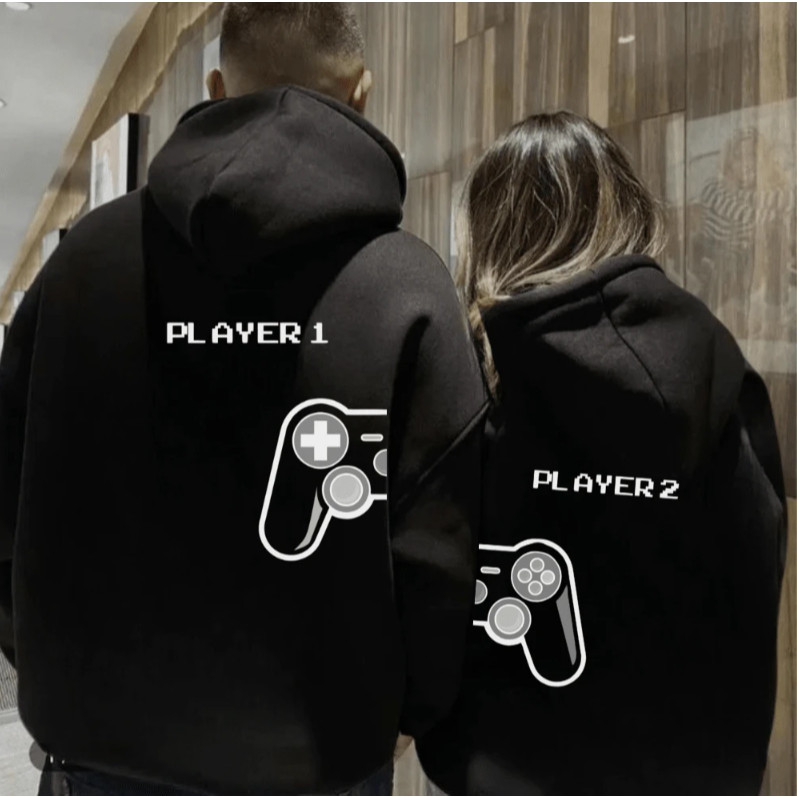 Conjunto Casal Moletom Bolsos Capuz Estampa Player 1 Player 2 Tendência Inverno Flanelado