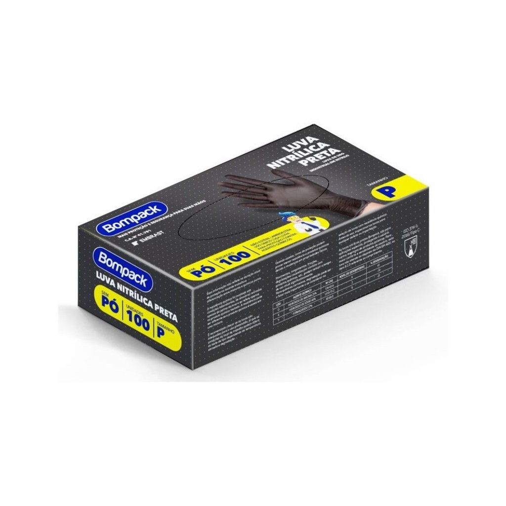 Luva Nitrílica Preta Sem Pó Bompack Tamanho P;M;G – 100 Unidades em Oferta na Shopee