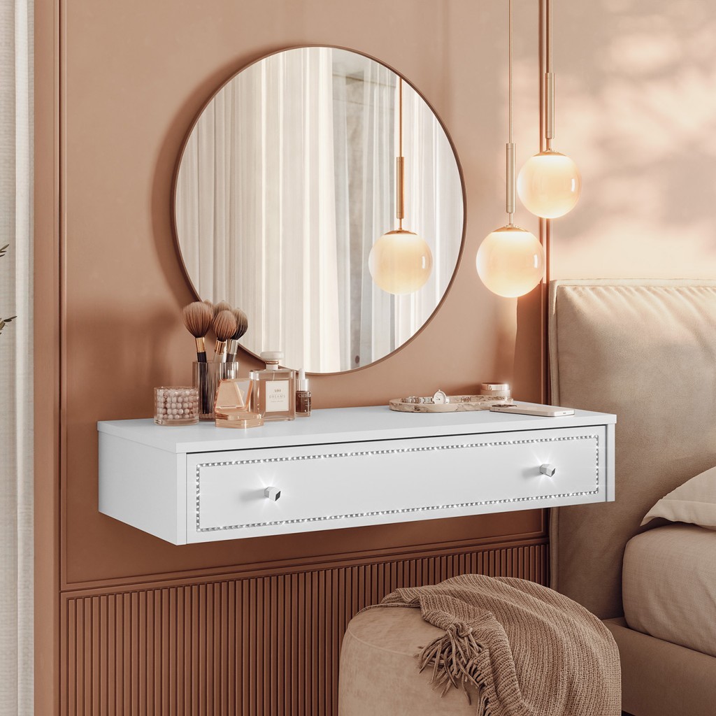 Penteadeira Suspensa Strass Gaveta C/ Divisória e Organizador Maquiagem 80cm - Olivar Móveis em Oferta na Shopee