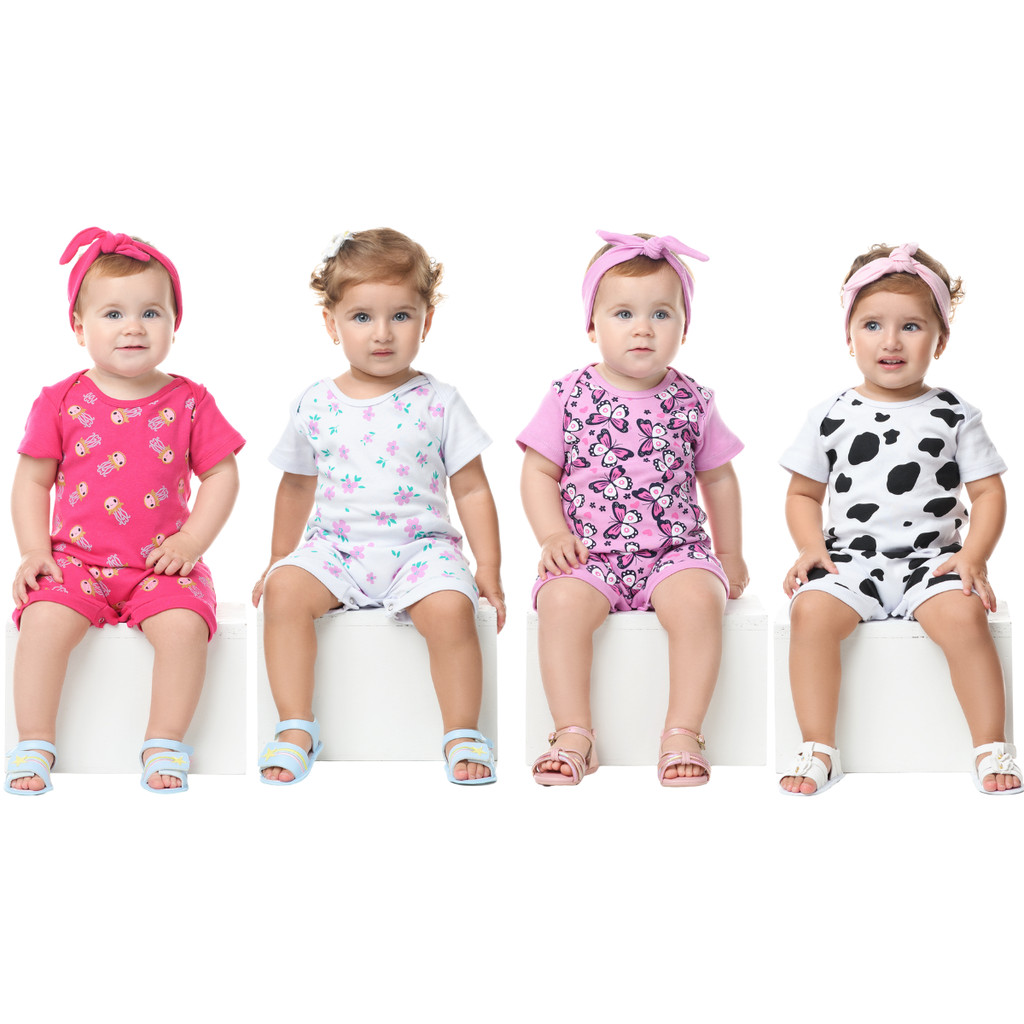 Kit Macacão Curto Bebê Menina - 3 Peças - Banho de Sol Verão- Conjunto Macacão Calor - Romper - Macaquinho - Mesversário