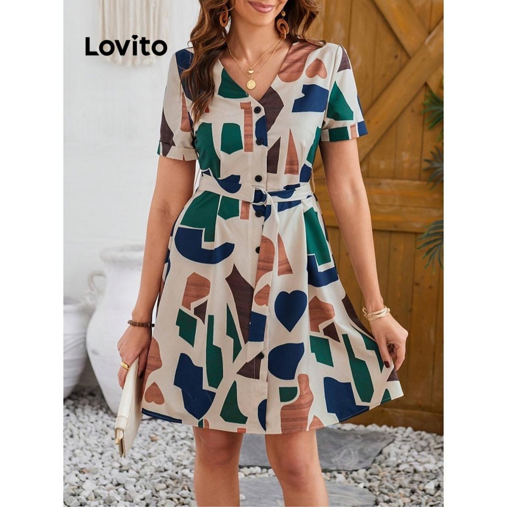 Lovito Vestido Elegante Com Botão Geométrico E Cinto Para Mulheres LNL73149 - Women Clothes