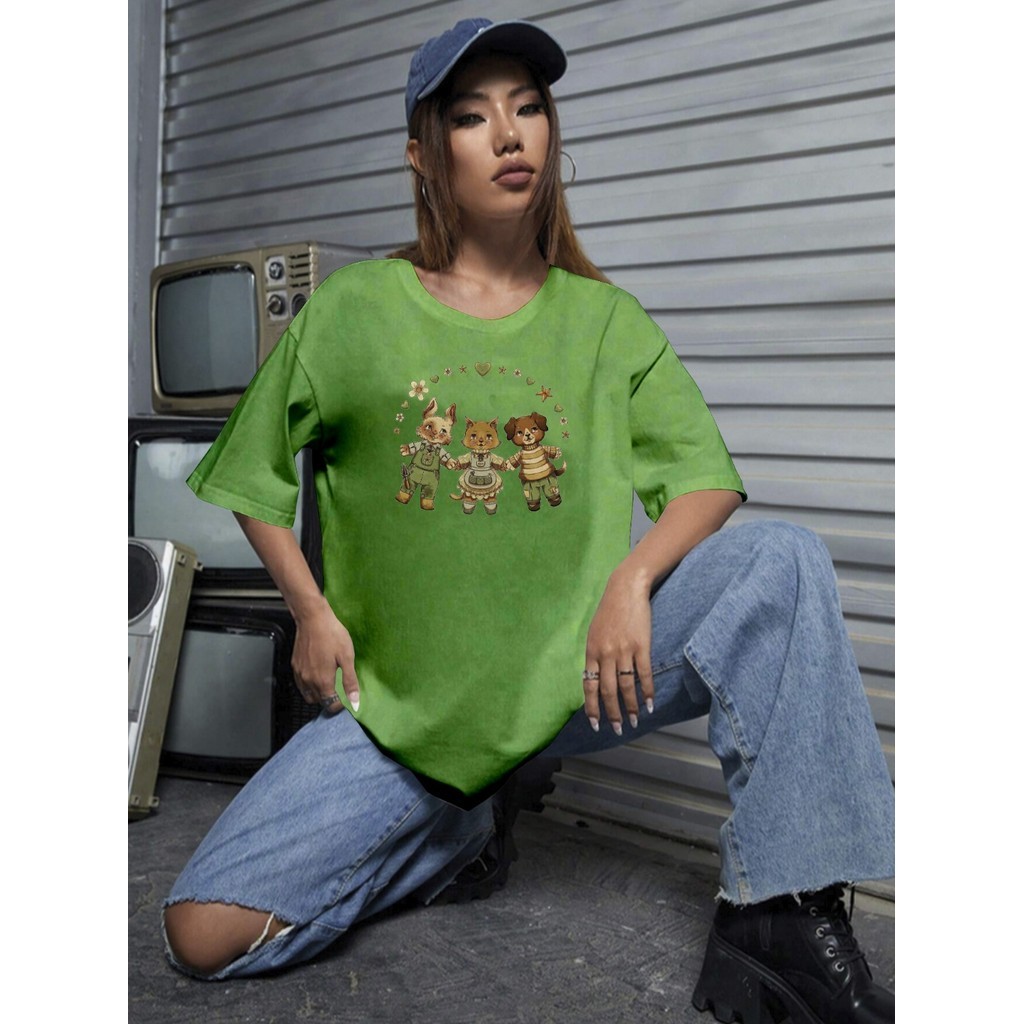 Blusa Estilosa Casual Camiseta Oversized Feminina Camisa Aesthetic Estampada Amizade Ursinhos