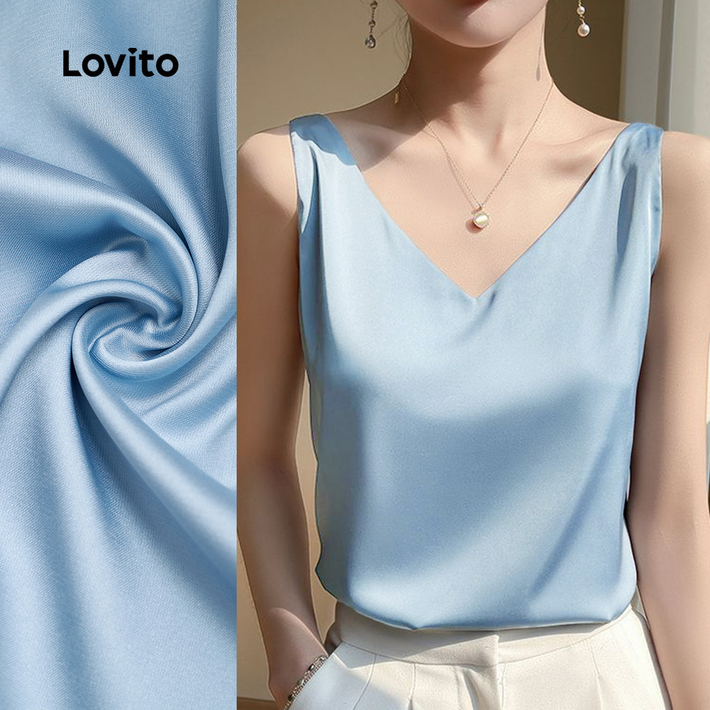 Lovito Regata Elegante Lisa Básica Primavera/Verão Azul Para Mulheres LBL25321 - Women Clothes