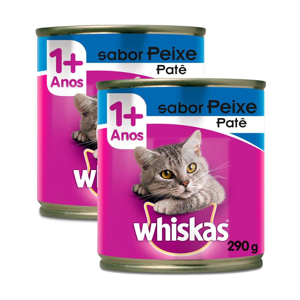 Kit 2 Ração para Gatos Whiskas Adulto 1+ Anos Patê Sabor Peixe Lata 290g - Pets