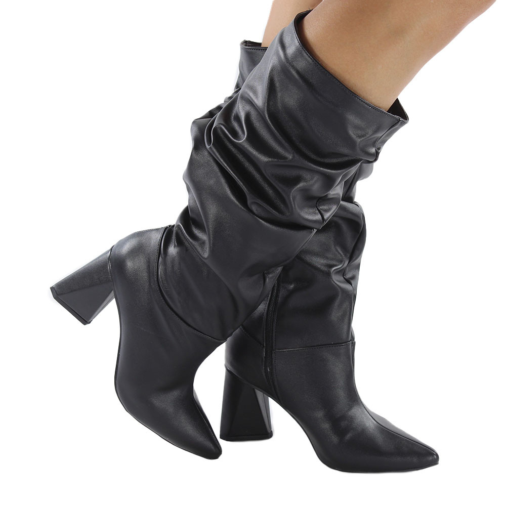 Bota Feminina Slouchy Enrugada Cano Alto Salto Geométrico Grosso 7,5 cm Bico Fino Confortável em Oferta na Shopee