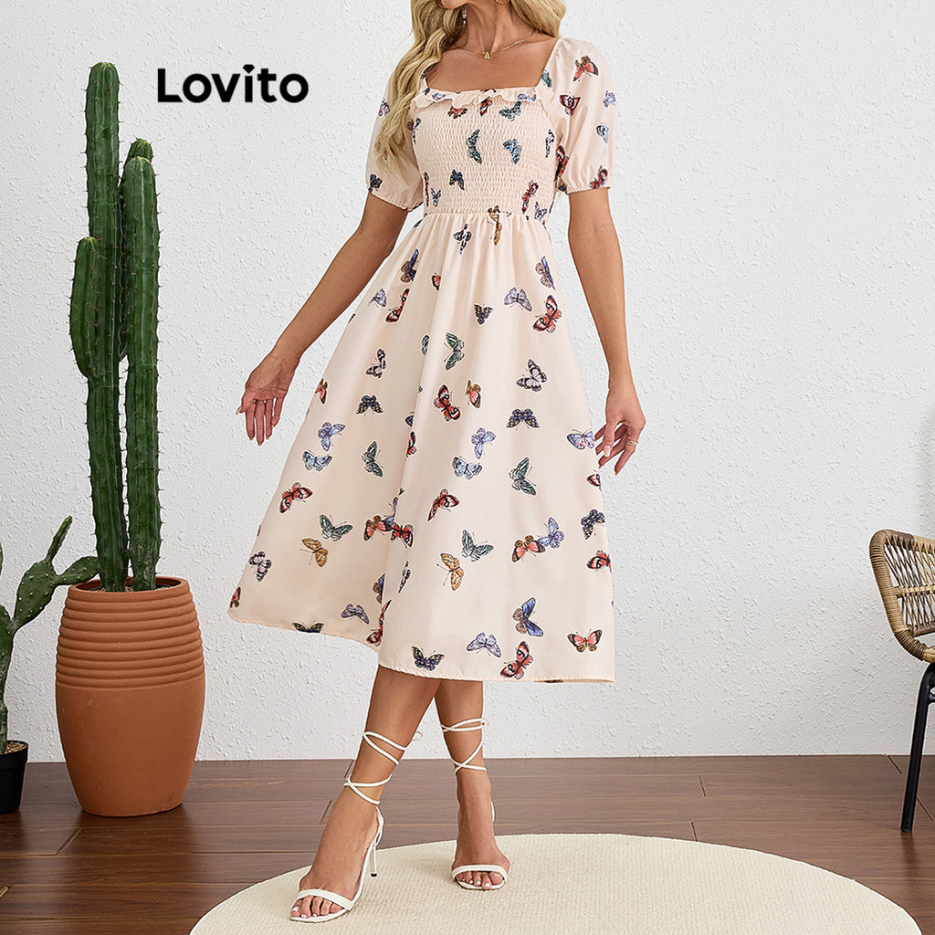 Lovito Vestido Casual Borboleta Com Babados Vestido De Verão/Primavera Para Mulheres LBL19247 - Women Clothes
