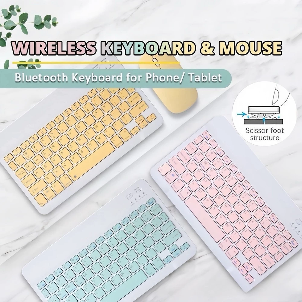 Kit Teclado e Mouse Sem Fio Bluetooth Colorido Macaron Para PC iPad Tablet Notebook