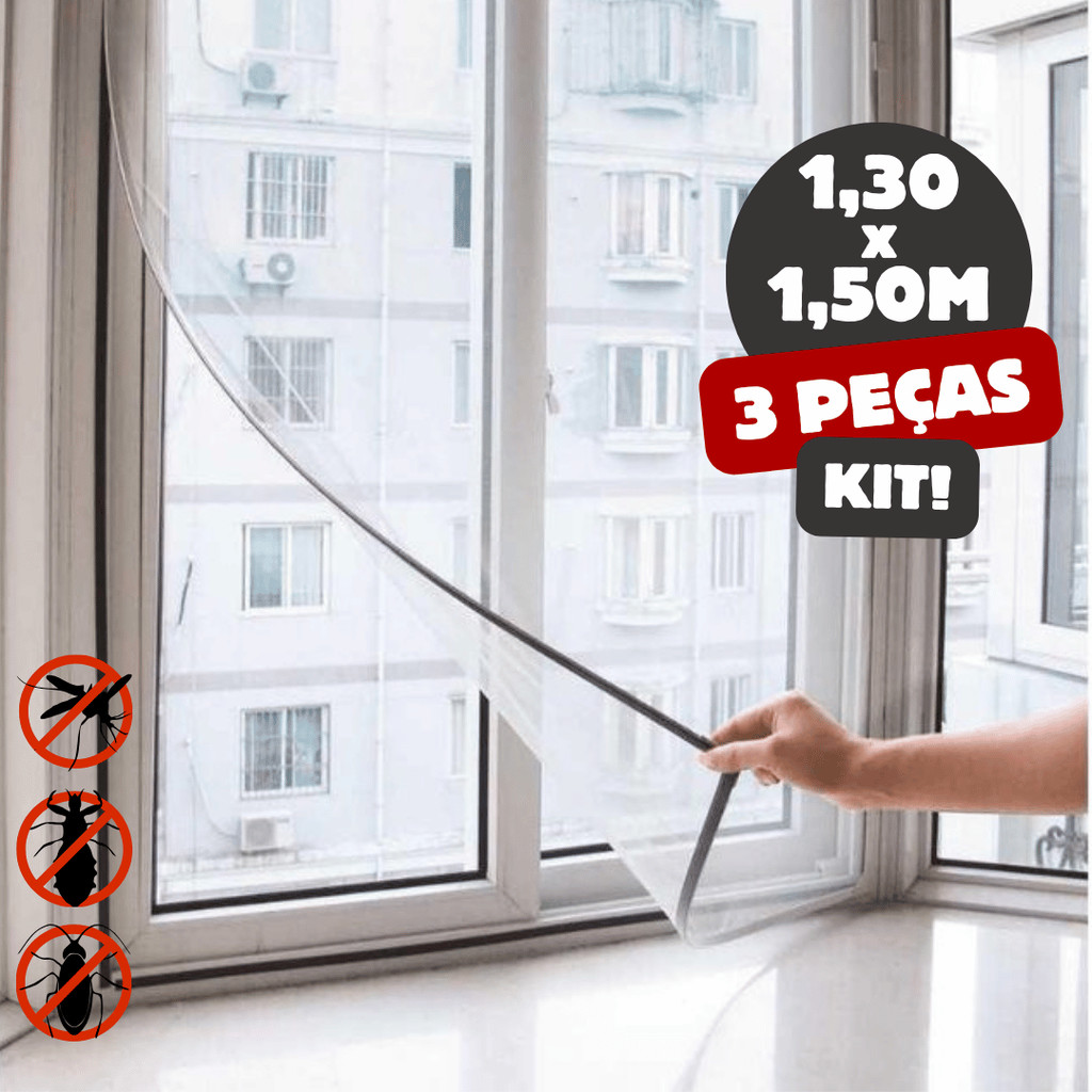 Kit 3 Tela Mosquiteiro Janela 130x150cm Removível com Fecho Contato e Fita Dupla Face Cont...