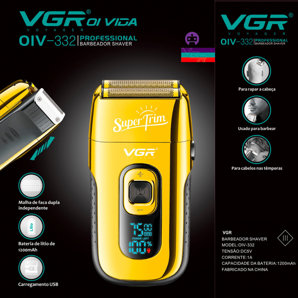 Cortador De Cabelo Profissional Vgr Oiv-332 Bivolt Dourado Display LCD Barba Cabelo Barbeiro Sem Fio