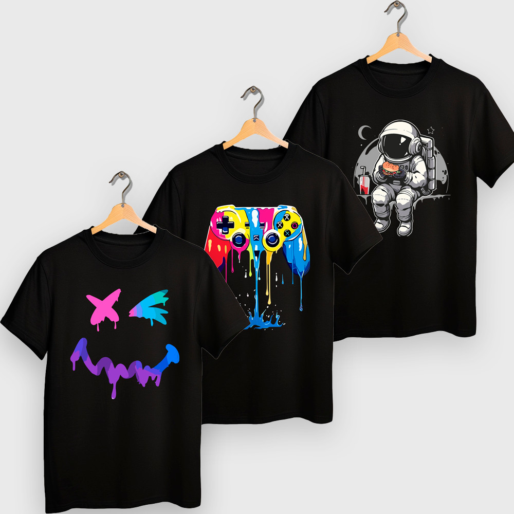 3 Camisetas *SORTIDAS* Infantil e Juvenil estampas Modernas e Divertidas para Crianças de 4 a 16