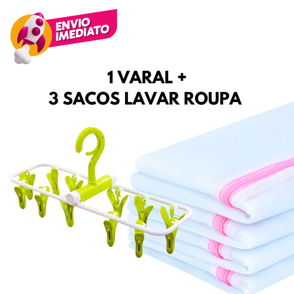 Kit Varal Roupa Intima Calcinha Dobrável C/12 Prendedores E 3 Saco Lavar Roupa Saquinho Com Ziper