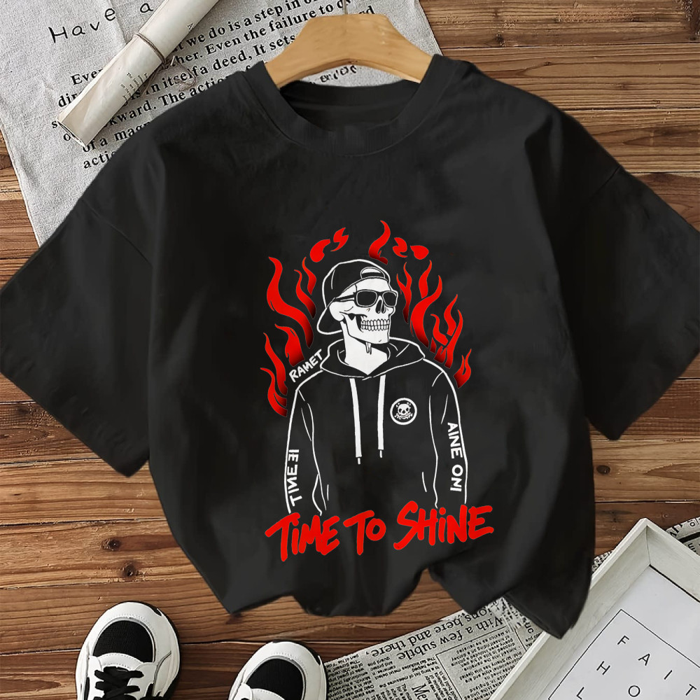 Camiseta Feminina Caveira com Fogo Time to Shine Blusa Unissex Streetwear 2025 Novo