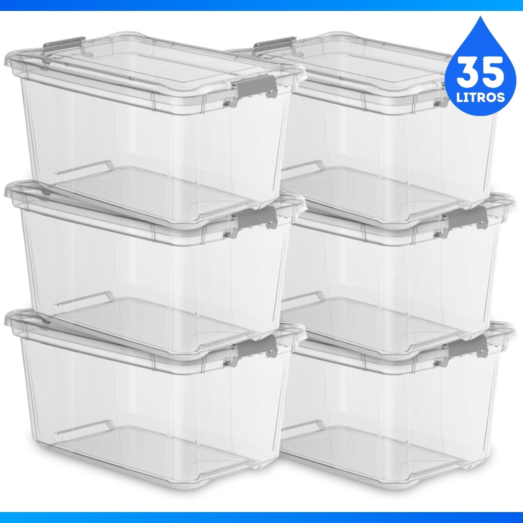 Kit 6 Caixa Organizadora C/ Trava Multiuso 35L Cesto Grande 35 Litros Transparente